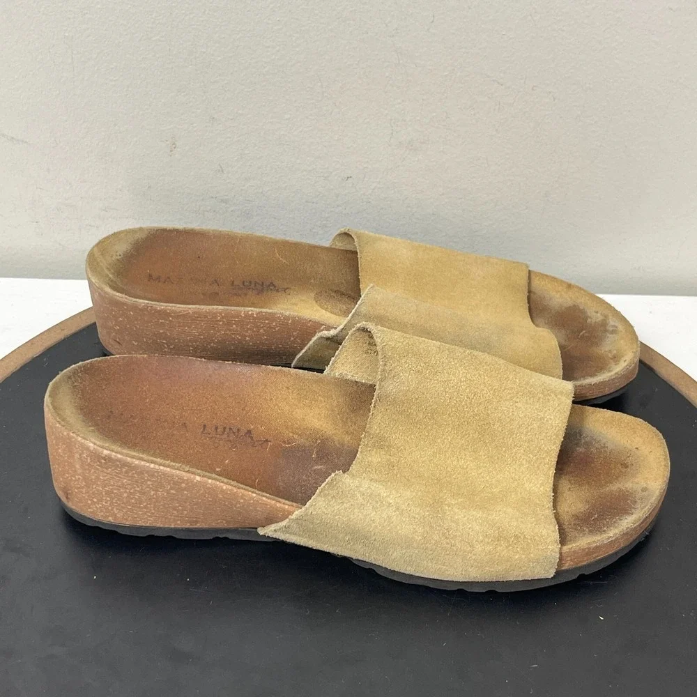 Marena Luna Marta Wedge Slide Sandals Women Size 9 Suede Tan Beige Casual Italy
